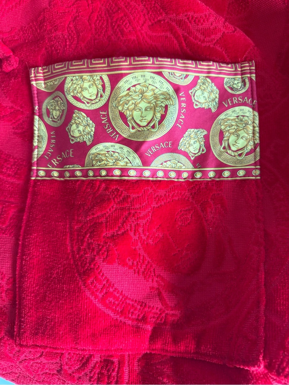 Versace Red Velvet Robe with Gold Medallion Trim - Picture 5 of 8